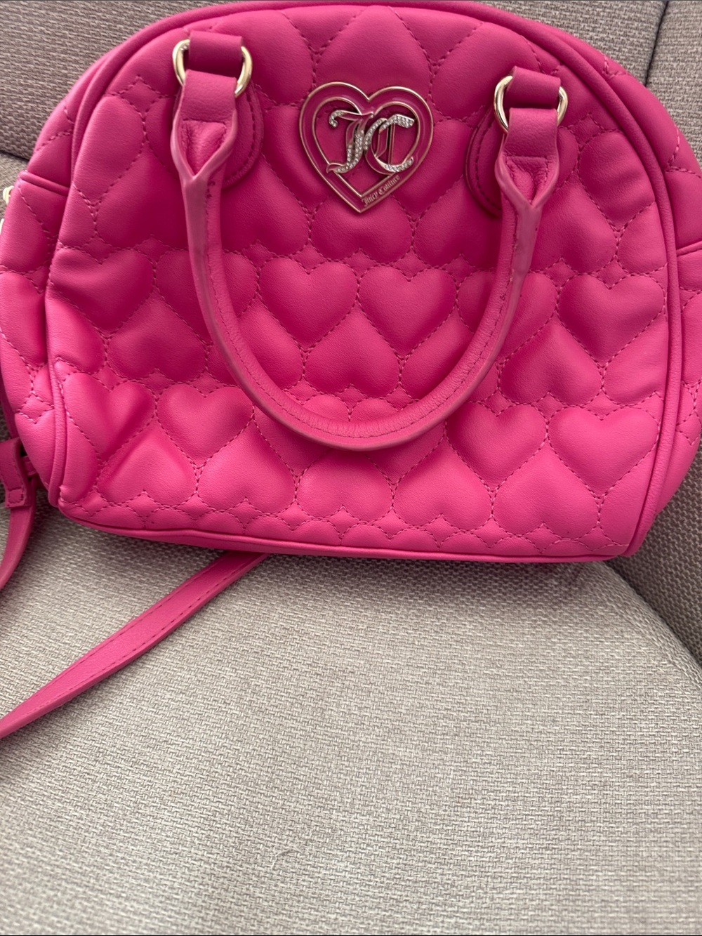 Juicy Couture Bright Pink Quilted Heart Satchel with Gold Logo